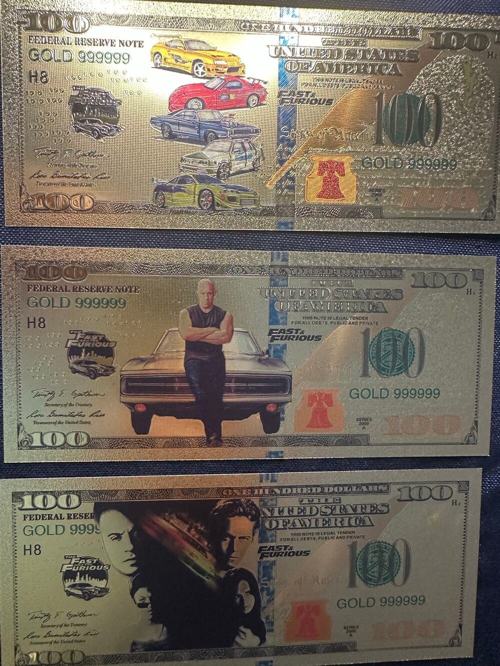 Fast and Furious Gold Foil $100 Bills 3 Piece Collectible Set Movie Cars